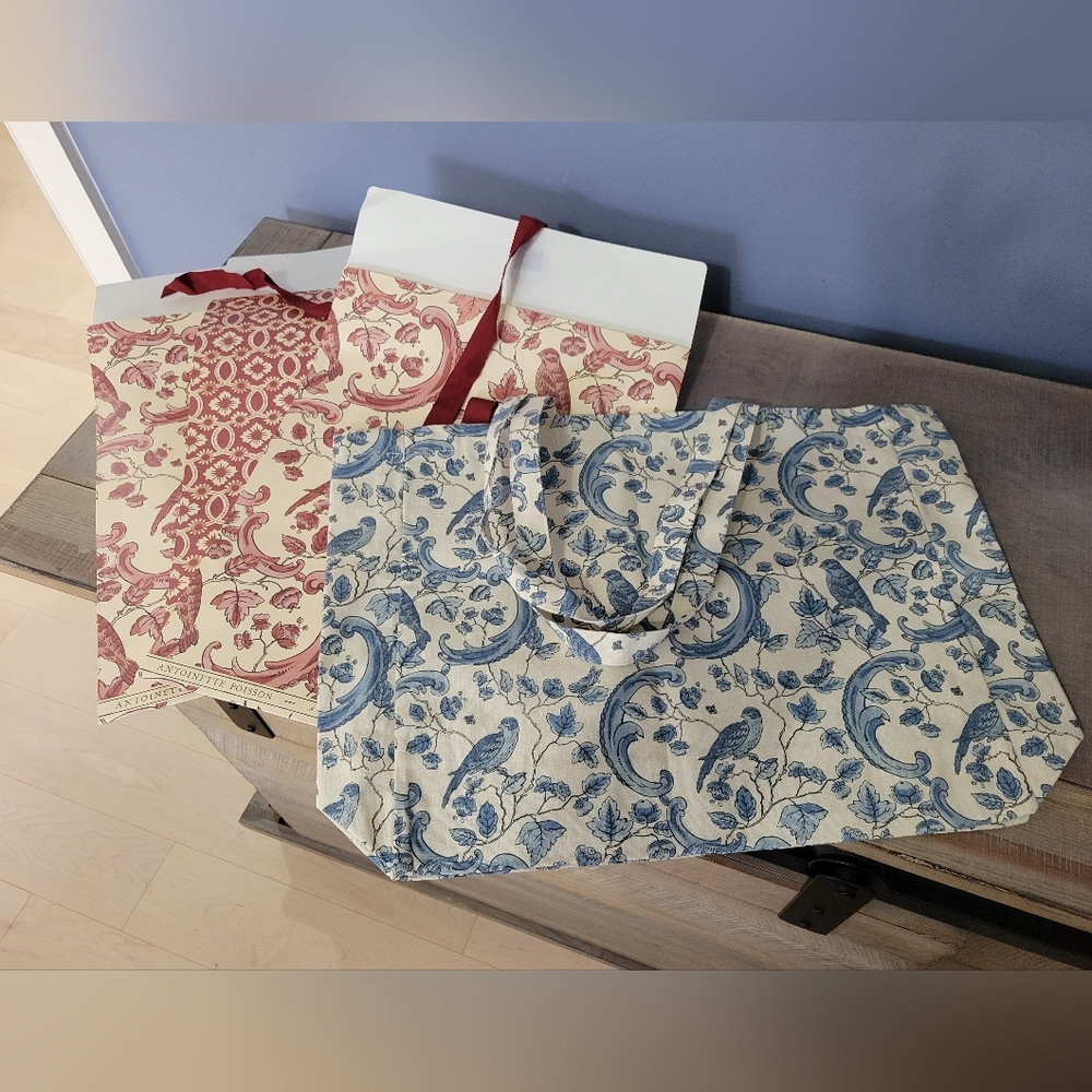 Sezane Floral Tote Bag with 3 Red Gift Bags